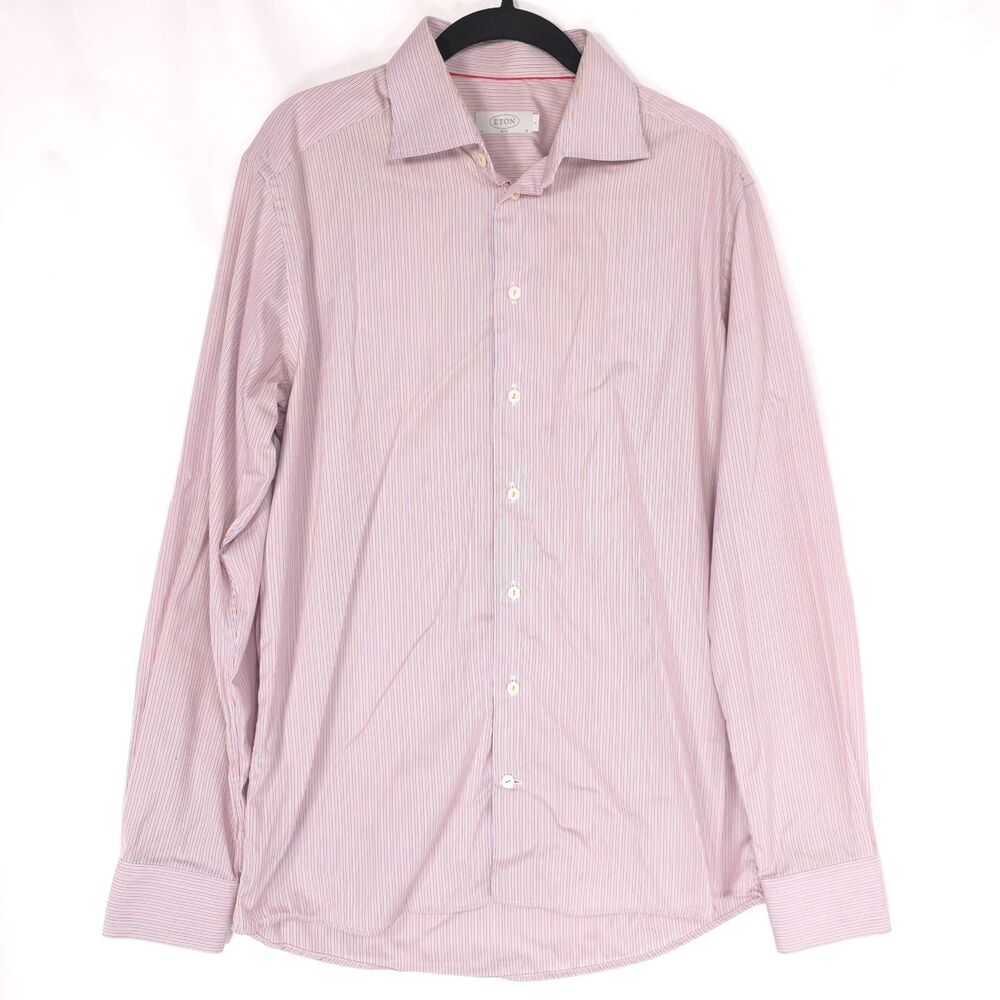 ETON Men's Slim Dress Shirt LARGE Striped Orange Blue Cotton BRIGHTON ROMANIA